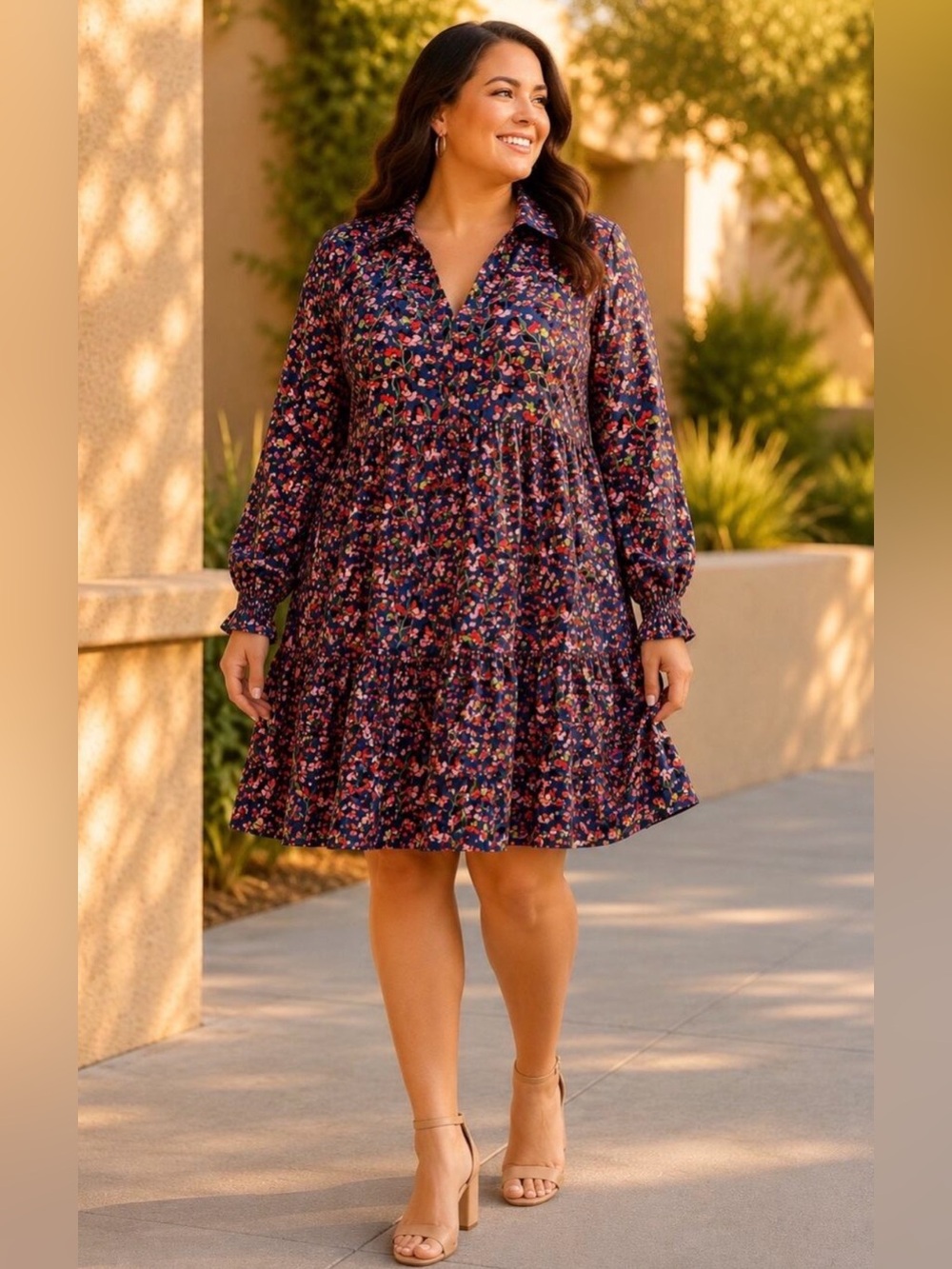 Umgee Blue Floral Corduroy Collared Mini Dress 1X NWT Pockets Boho Cottagecore